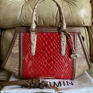 Brahmin Large Satchel Red/Beige Carlisle Croc Embossed Leather w/Strap